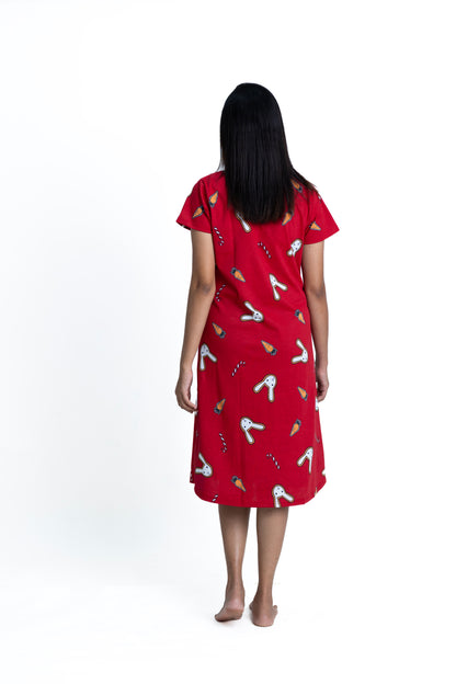 Cherry Red Joyful Bunny Sleep Dress