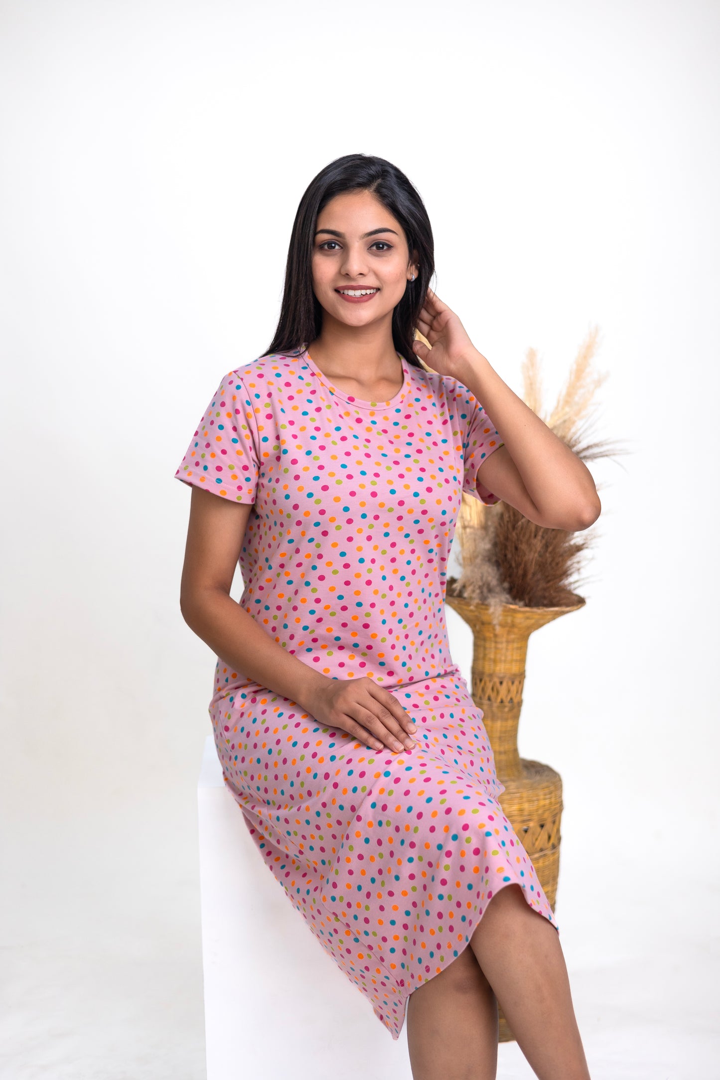 Carnation Pink Polka Dots Sleep Dress