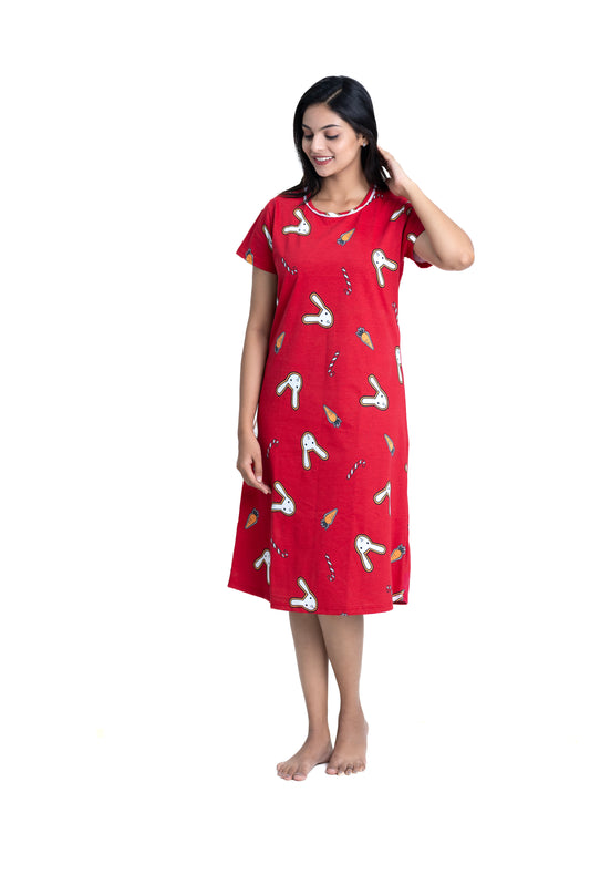 Cherry Red Joyful Bunny Sleep Dress