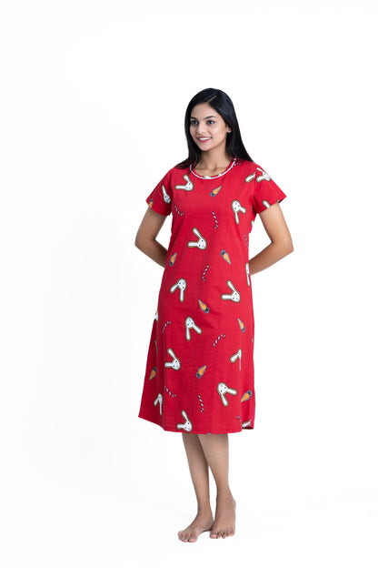 Cherry Red Joyful Bunny Sleep Dress